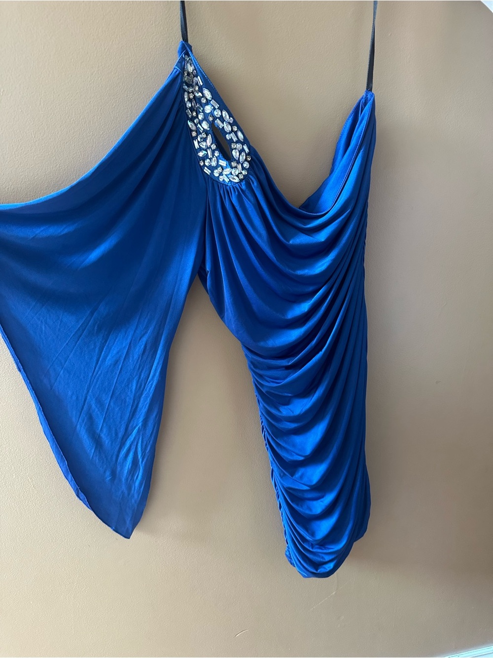 Royal Blue Draped One-Shoulder Dress with Jewel Detail